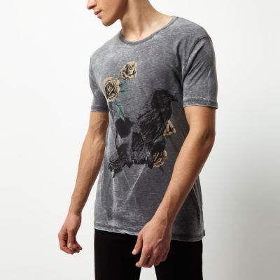 Dark grey rose skull print T-shirt